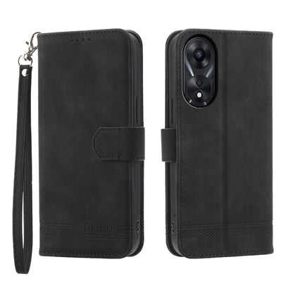 Black folio phone case with wrist strap and front flap, with dual-camera cutout