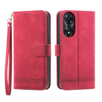 Red folio phone case with wrist strap, front flap, and dual-camera cutout