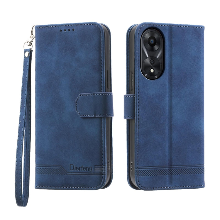 Blue folio phone case with wrist strap, front flap, and dual-camera cutout