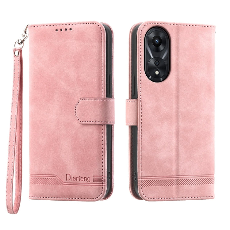 Pink folio phone case with wrist strap and front flap, with dual-camera cutout