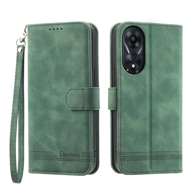 Green folio phone case with wrist strap, front flap, and dual-camera cutout