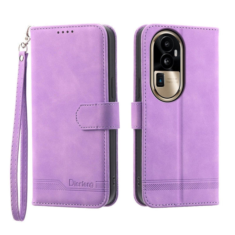 Purple folio phone case with wrist strap, front flap, and dual-camera cutout
