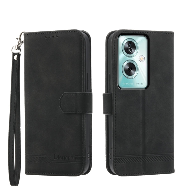 Black folio phone case with wrist strap and front flap, with camera lens cutout