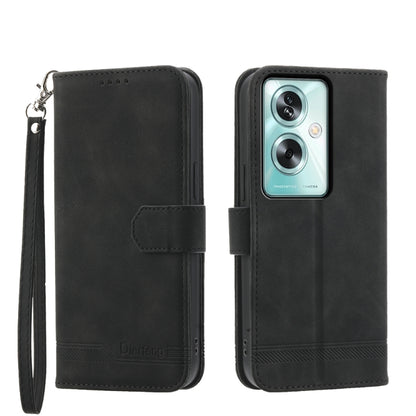Black folio phone case with wrist strap and front flap, with camera lens cutout