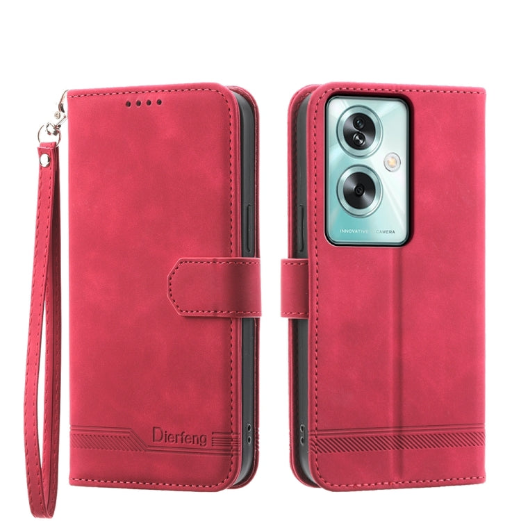 Red folio phone case with wrist strap, front flap, and camera lens cutout