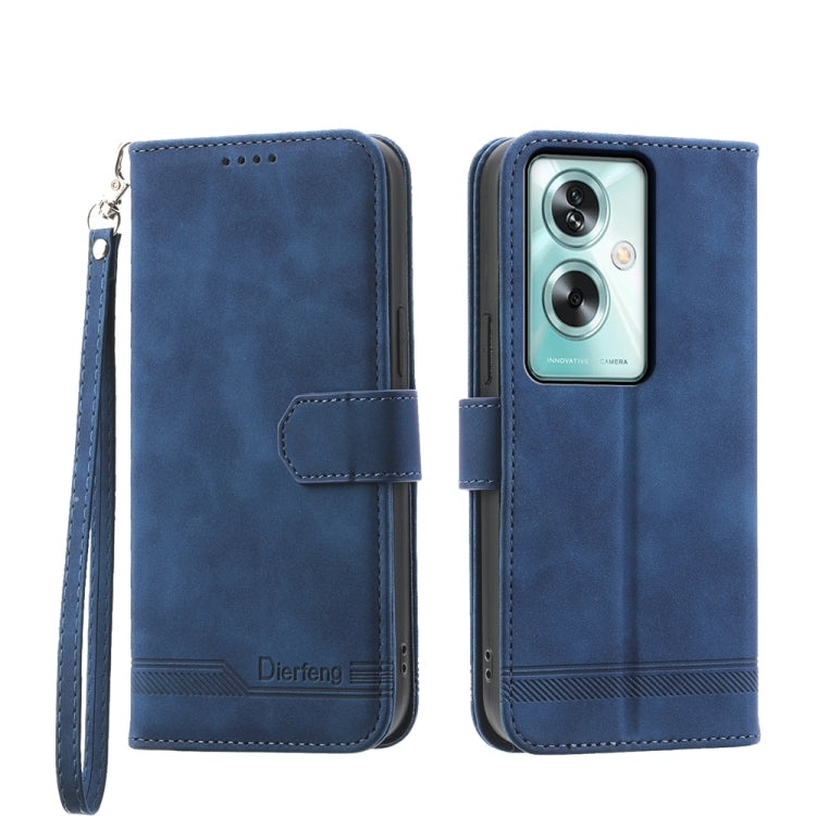 Blue folio phone case with wrist strap and front flap, with camera lens cutout