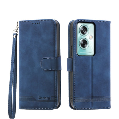 Blue folio phone case with wrist strap and front flap, with camera lens cutout