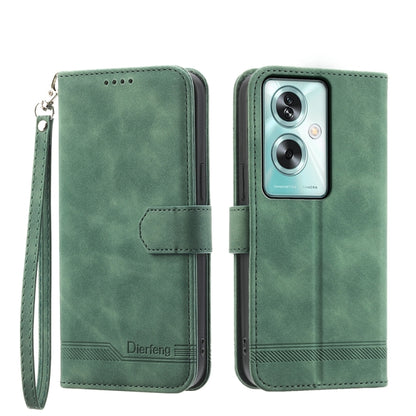Green suede-style flip phone case with wrist strap and camera cutout