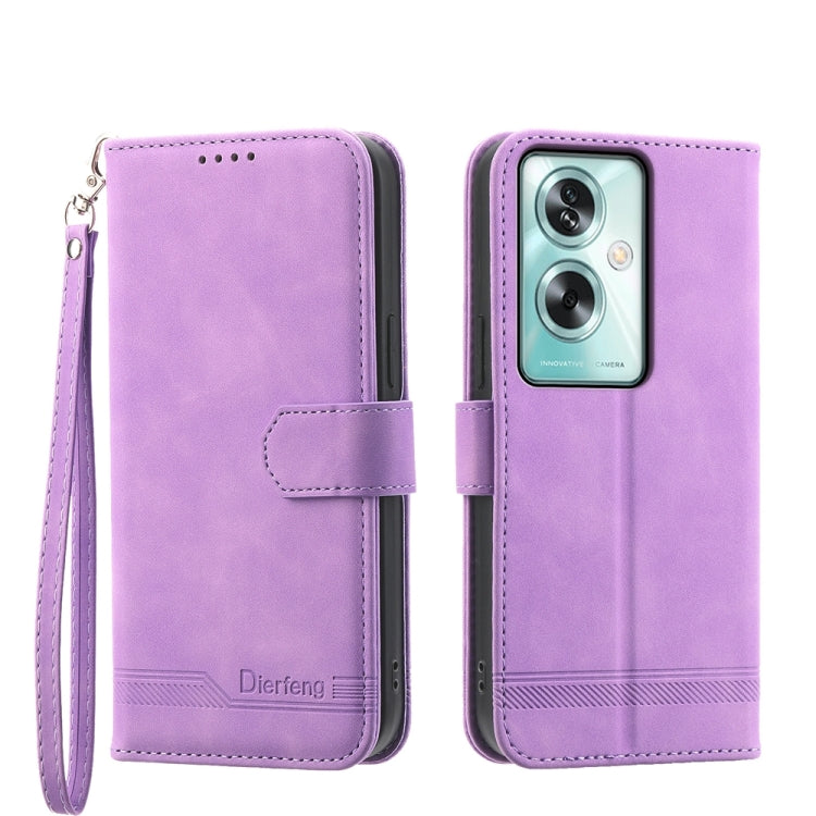 Purple suede-style flip phone case with wrist strap and camera cutout