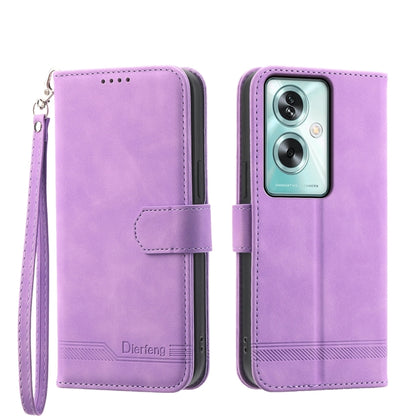 Purple suede-style flip phone case with wrist strap and camera cutout