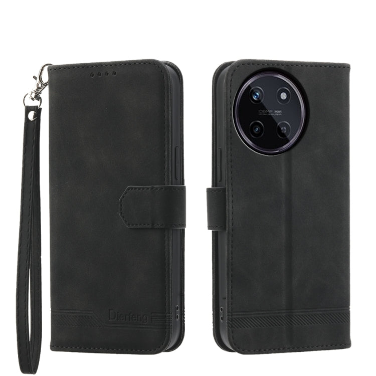 Black folio wallet phone case with wrist strap, magnetic flap, and camera cutout.