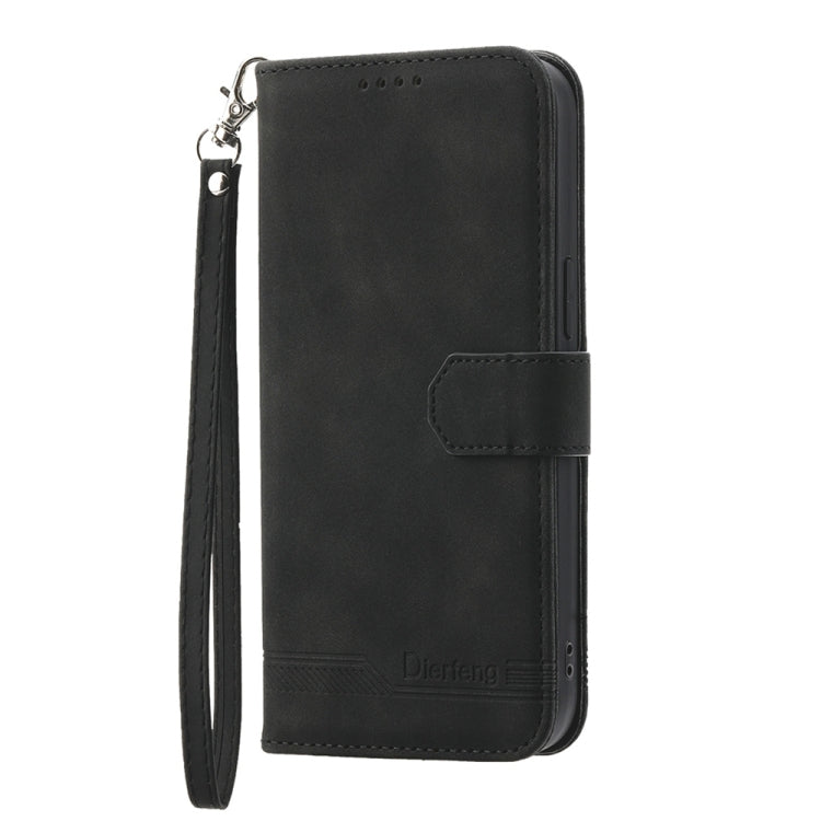 Black folio wallet phone case with wrist strap and front magnetic closure.