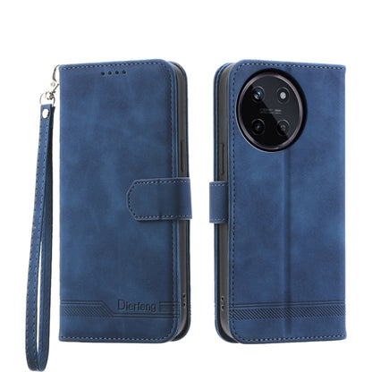 Blue folio wallet phone case with wrist strap, magnetic flap, and camera cutout.