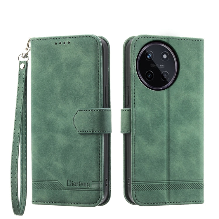 Green folio wallet phone case with wrist strap, magnetic flap, and camera cutout.
