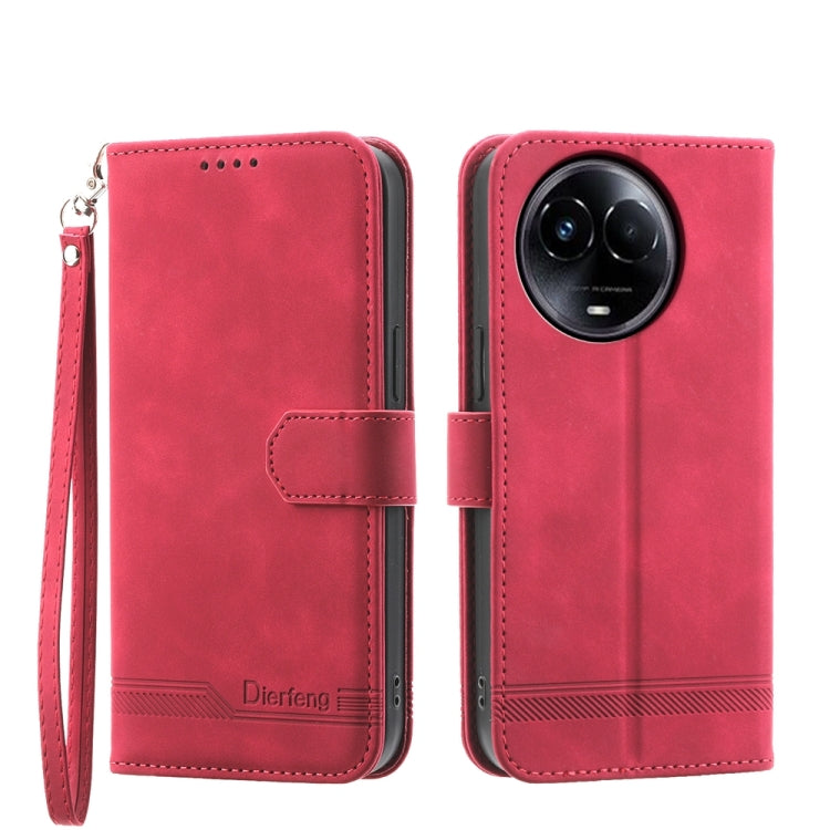 Red folio phone case with wrist strap, magnetic flap, and camera cutout