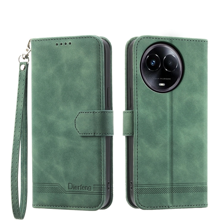 Green folio phone case with wrist strap, magnetic flap, and camera cutout