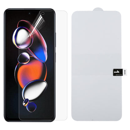 Full-screen clear hydrogel screen protector film on a smartphone display with cutouts