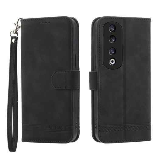 Black folio phone case with wrist strap and magnetic front cover, card pocket flap