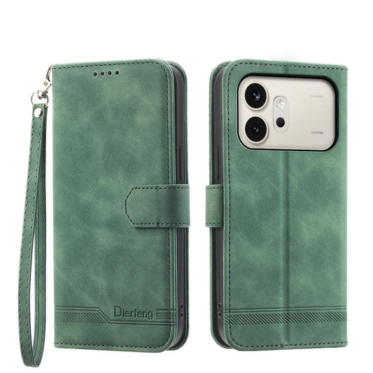 Green flip phone case with wrist strap, card holder, and magnetic closure for protection.