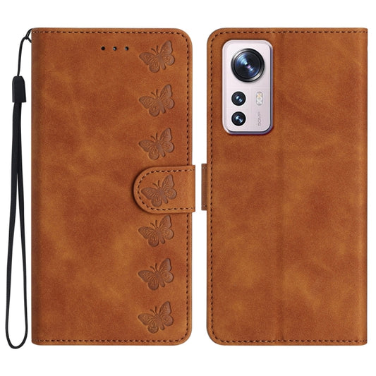 Brown embossed leather phone case with butterfly pattern and flip cover