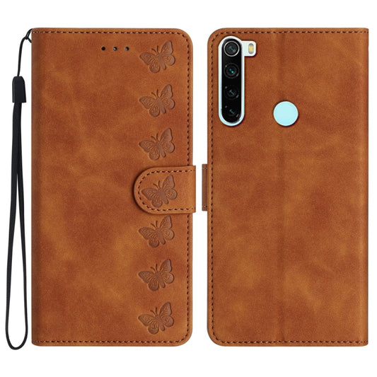 Brown embossed leather phone case with butterfly pattern and front flap, side wrist strap