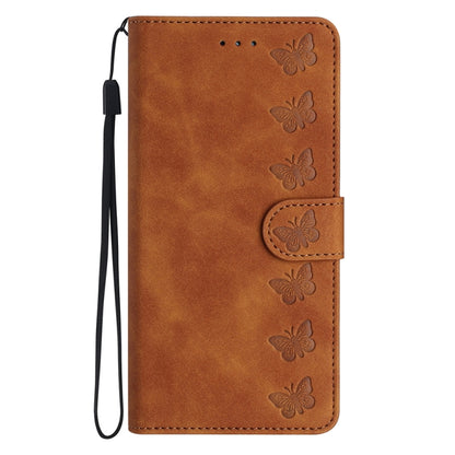 Brown embossed leather folio phone case with butterfly embossing and wrist strap