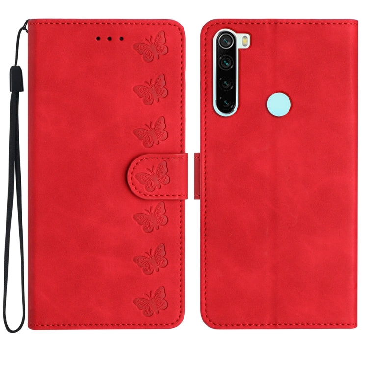 Red embossed leather phone case with butterfly pattern and front flap, side wrist strap