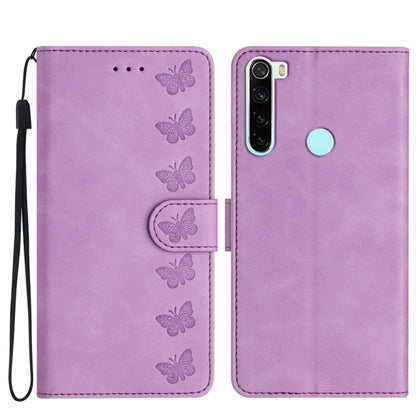 Purple embossed leather phone case with butterfly pattern and front flap, side wrist strap