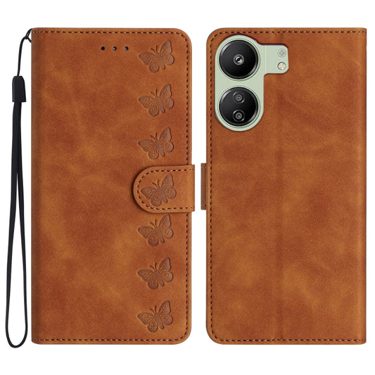 Brown embossed butterfly leather phone wallet case with flip cover and wrist strap