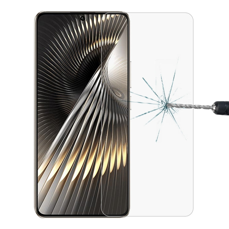 Tempered glass screen protector for phone display, with crack test on right