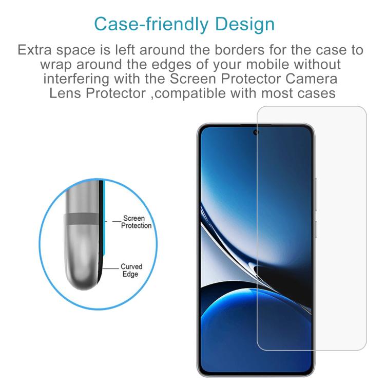 Tempered glass screen protector with curved edge and case-friendly fit