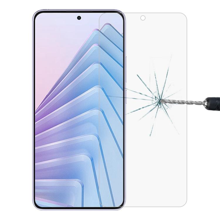 0.26mm 9H 2.5D tempered glass screen protector film on phone display, cracked from impact