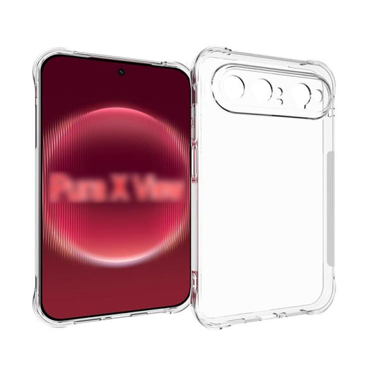 Clear TPU shockproof phone case with raised edges and camera cutouts, front and back