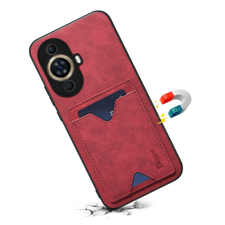 Red PU phone case with front card pocket and protected camera area