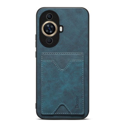 Denior PU phone case with card slot, teal textured back and dual-camera cutouts