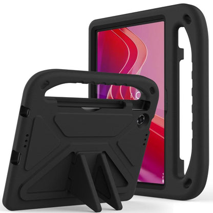 Shockproof EVA tablet case with holder, black, showing front kickstand and grip handle.