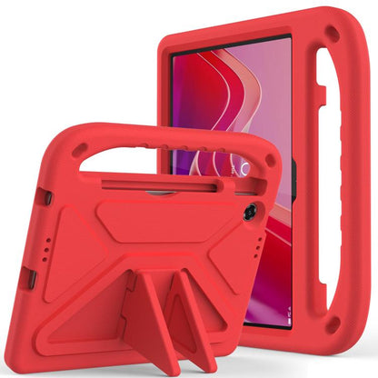 Shockproof EVA tablet case with holder, red, showing front kickstand and grip handle.