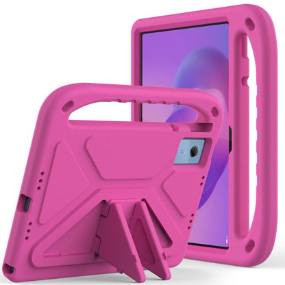 Shockproof EVA tablet case with holder, rose pink, with built-in stand and grip handle.