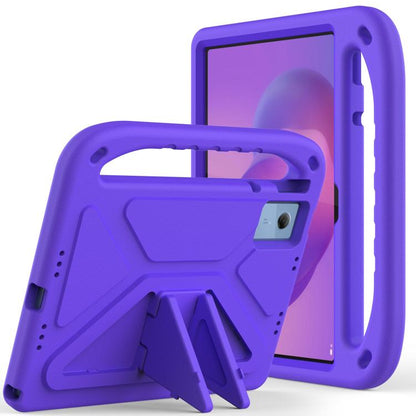 Shockproof EVA tablet case with holder, purple, with built-in stand and grip handle.