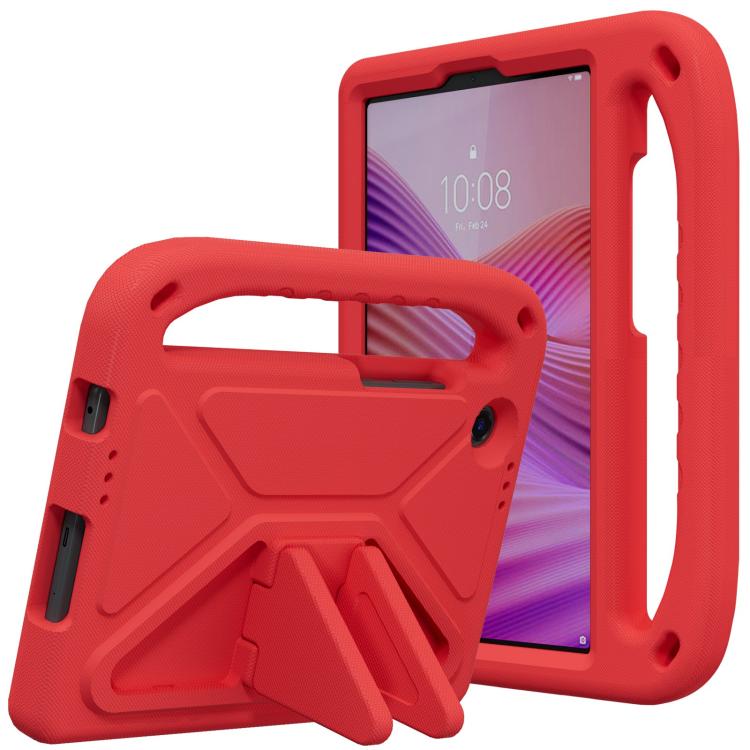 Shockproof EVA tablet case with holder, red, with built-in stand and grip handle.