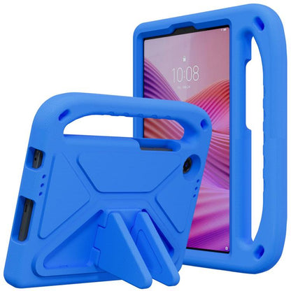 Shockproof EVA tablet case with holder, blue, with built-in stand and grip handle.
