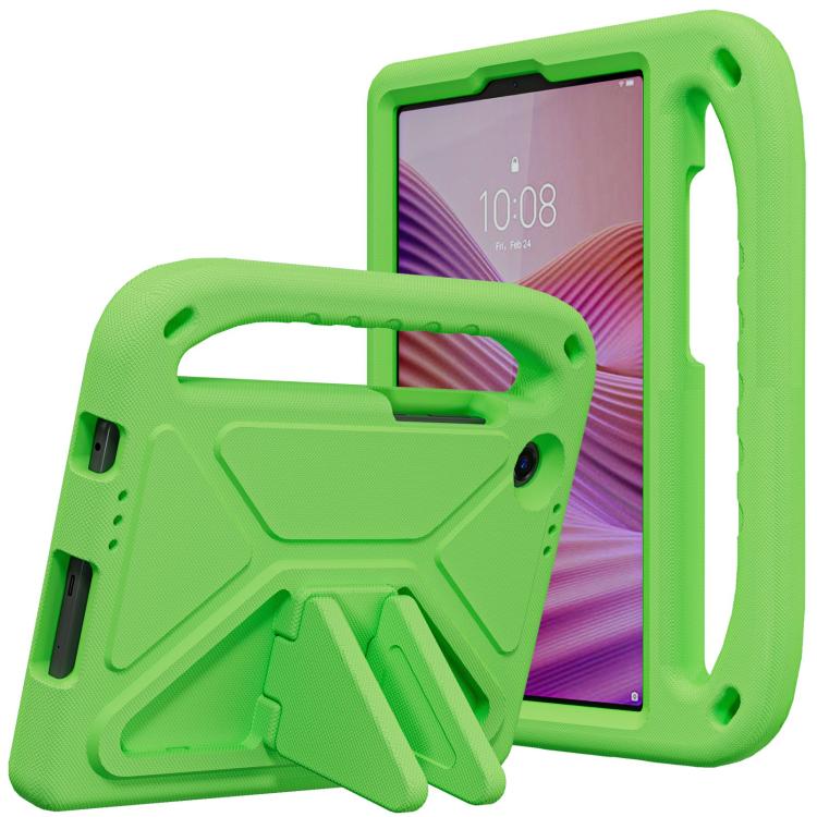 Shockproof EVA tablet case with holder, green, with built-in stand and grip handle.