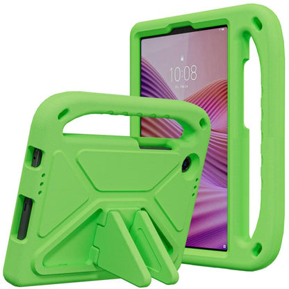 Shockproof EVA tablet case with holder, green, with built-in stand and grip handle.