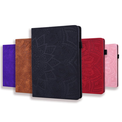 Embossed leather folio case with elastic strap, dark pattern, tablet stand view.
