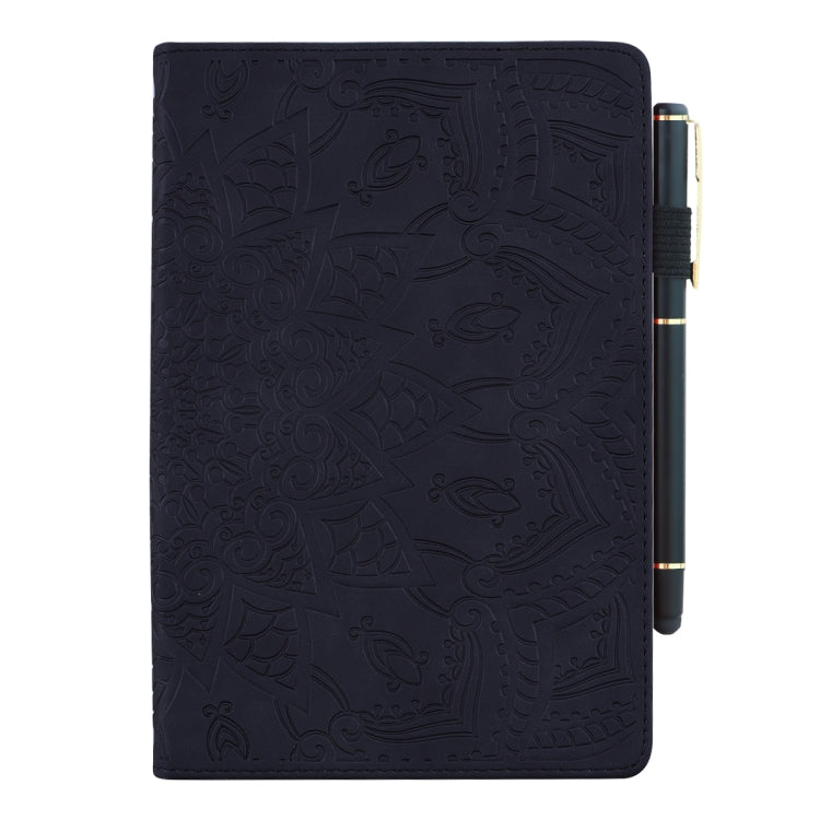 Black embossed leather folio case with side pen slot and secure strap