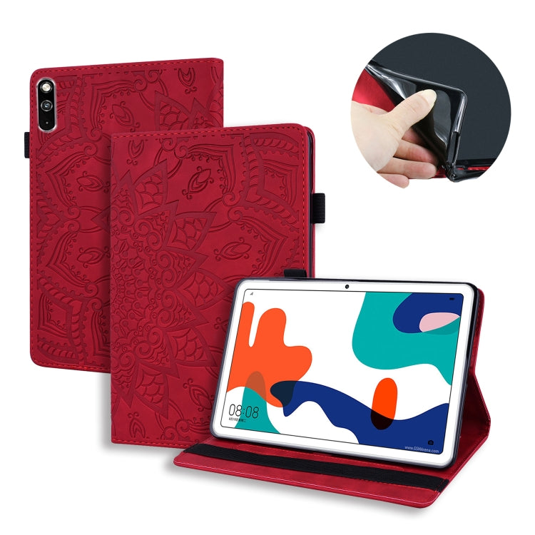 Embossed leather folio case with elastic strap, red floral pattern, tablet stand view.