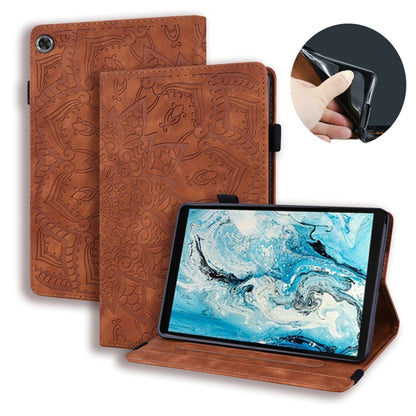 Embossed leather folio case with elastic strap, brown floral pattern, tablet stand view.
