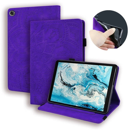 Embossed leather folio case with elastic strap, purple floral pattern, tablet stand view.
