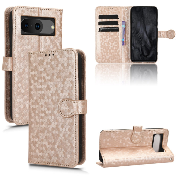 Beige gold honeycomb dot leather phone case with folio wallet, kickstand