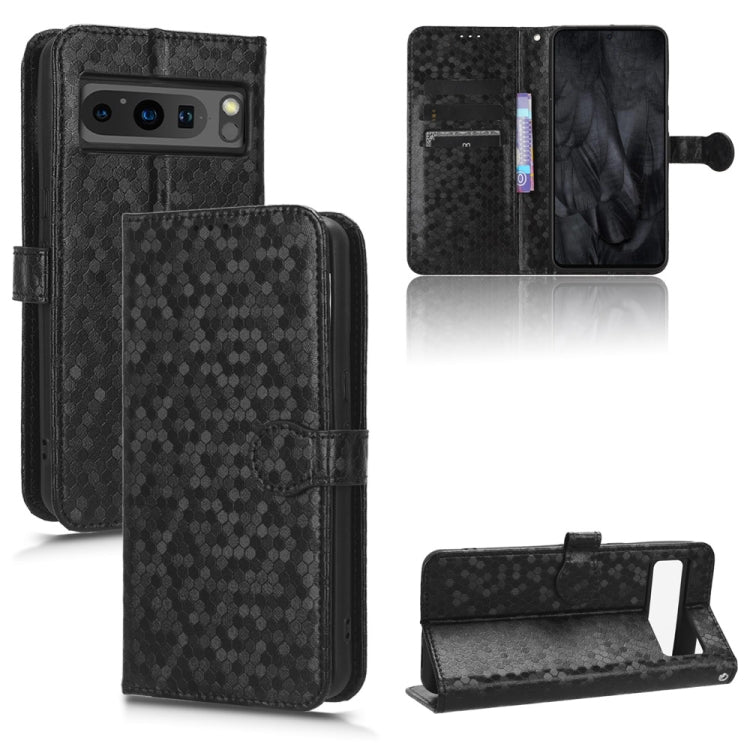 Black honeycomb dot leather phone case with folio wallet, card slots